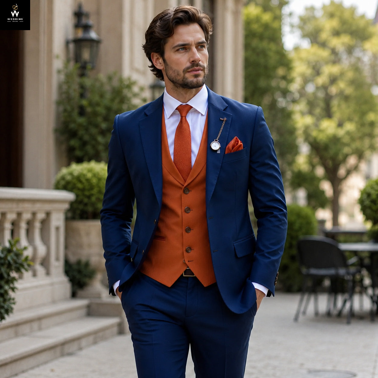 Men's Navy Blue Three-Piece Suit – Brown Waistcoat for Weddings & Formal Events