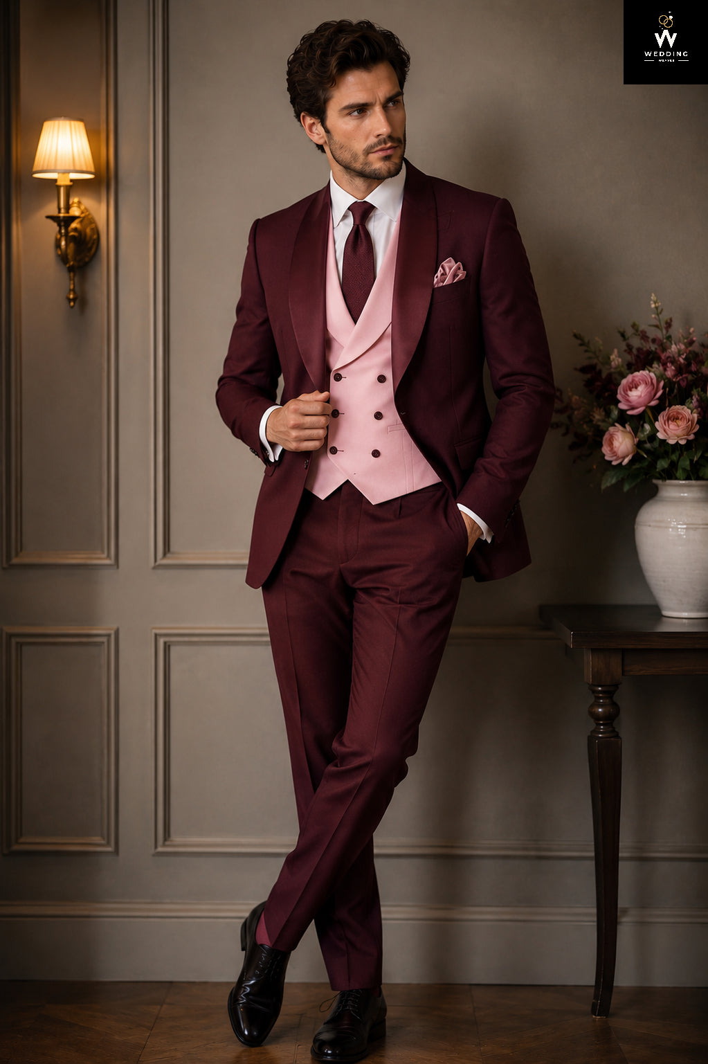 Burgundy suit with pink vest