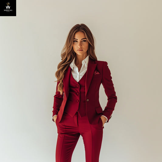 Burgundy Three Piece Suit For Women