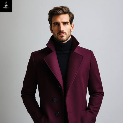 Men’s Burgundy Wool Long Trench Coat – Wide Peak Lapel & Timeless Design