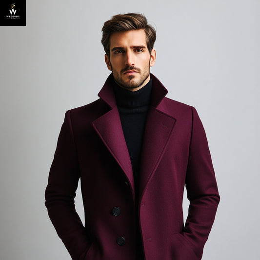 Men’s Burgundy Wool Long Trench Coat – Wide Peak Lapel & Timeless Design