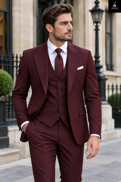 Custom Burgundy Men’s Three-Piece Suit – Wedding, Prom & Groom Outfit