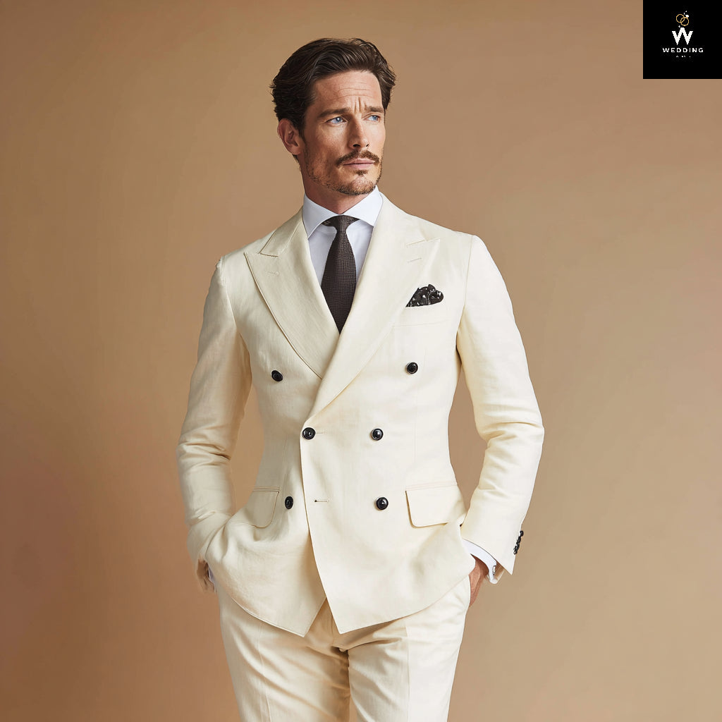 Elegant Cream Men’s Double-Breasted Suit – Perfect Formal 2-Piece Set 48 / 34