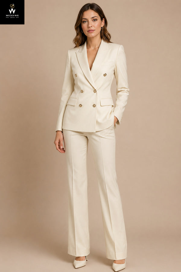 Women's Cream Business Suit | Double-Breasted Blazer & Formal Trouser Set