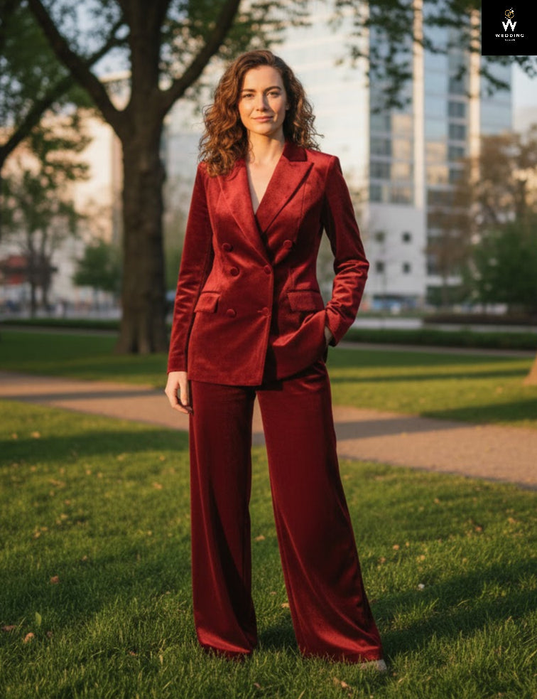 Luxury Red Velvet Pant Suit for Women – Premium Two-Piece Formal Set