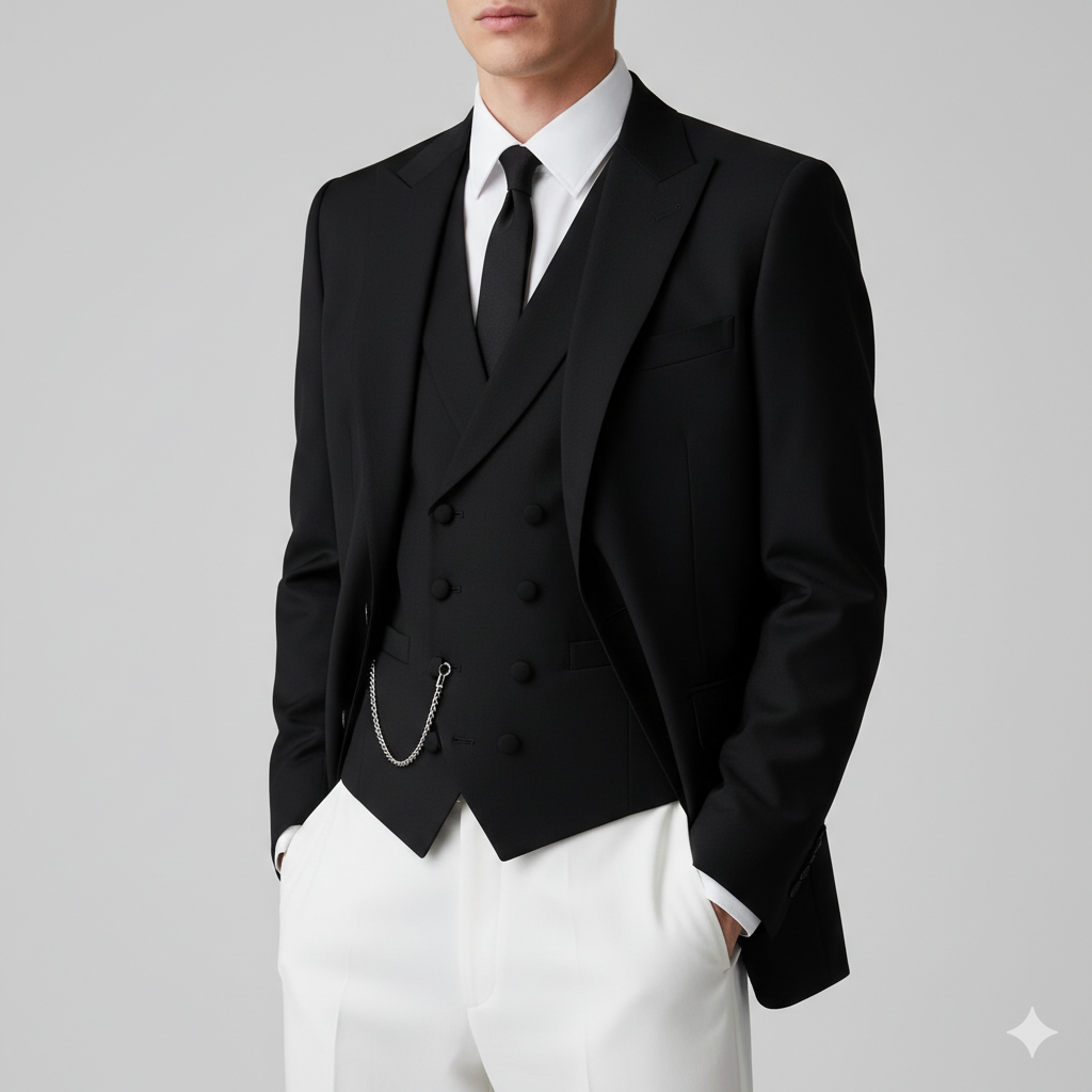 Men's Three-Piece Tuxedo Suit with Peaked Lapel and Two Vents