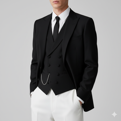 Men's Three-Piece Tuxedo Suit with Peaked Lapel and Two Vents