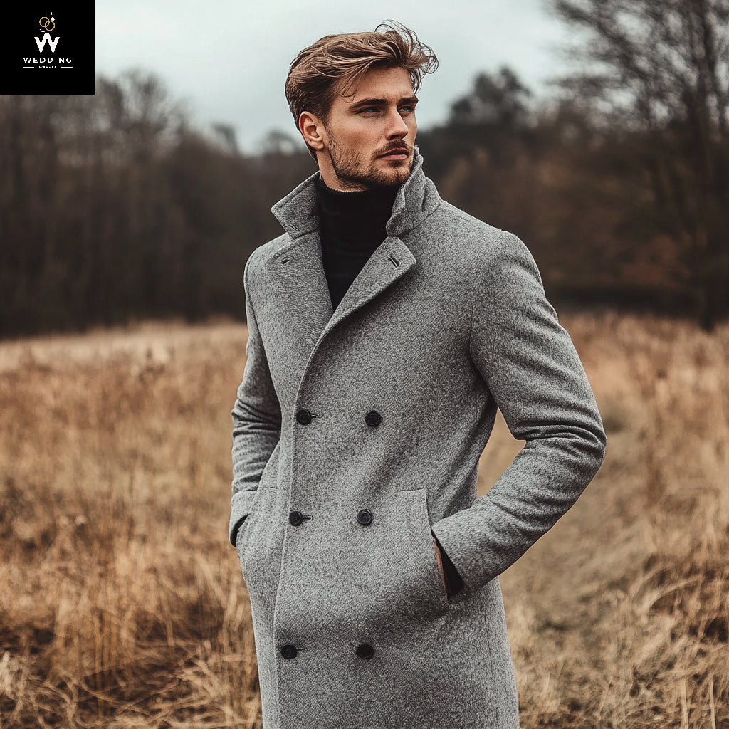 Handmade Premium Grey Tweed Men's Long Trench Coat – Stylish Winter, Business & Casual Outerwear