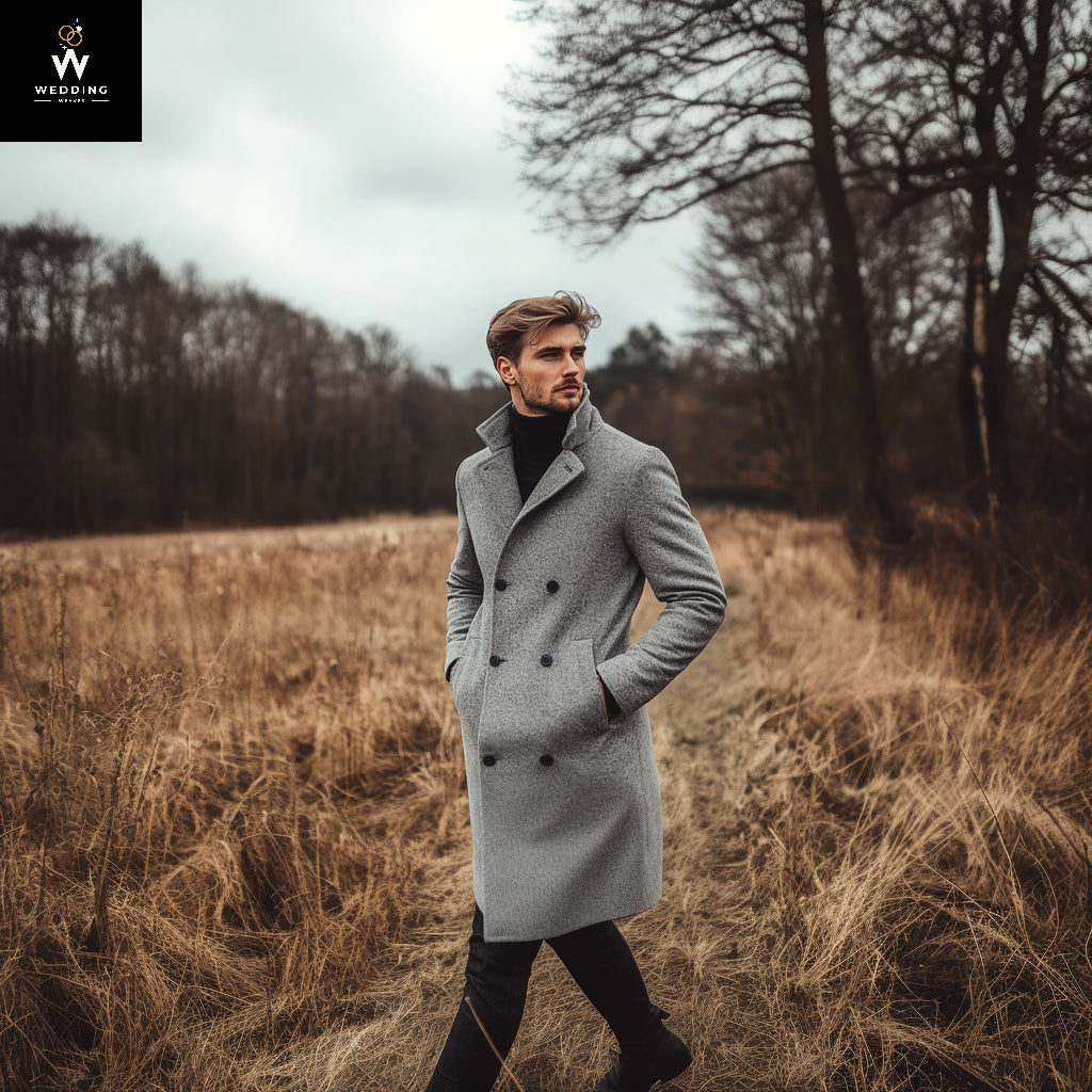 Handmade Premium Grey Tweed Men's Long Trench Coat – Stylish Winter, Business & Casual Outerwear