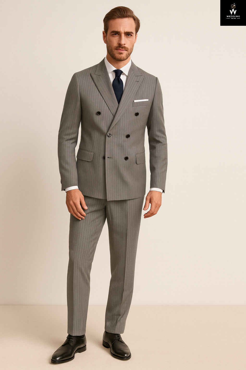 Men’s Double-Breasted Grey Pinstripe Wool Suit – Elegant Vintage Outfit