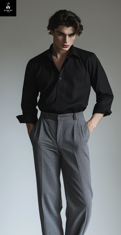 Men’s Grey Herringbone Wool Flare Trousers – Vintage 70s-Inspired Tailored Pants