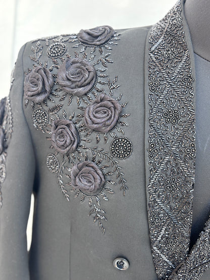 Black Couture Double-Breasted Two-Piece Suit with Exquisite Hand-Beaded Shawl Lapel and 3D Floral Embroidery
