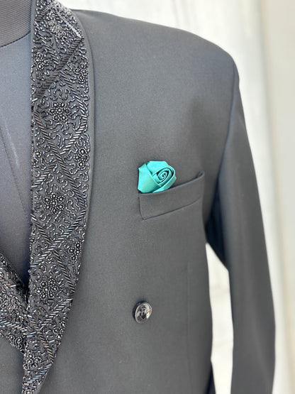 Black Couture Double-Breasted Two-Piece Suit with Exquisite Hand-Beaded Shawl Lapel and 3D Floral Embroidery