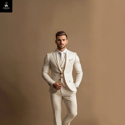 Mens Ivory 3-Piece Slim Fit Suit Tailored Elegance for Weddings 38 / 28 Mens Ivory 3-Piece Slim Fit Suit Tailored Elegance for Weddings 38 / 28