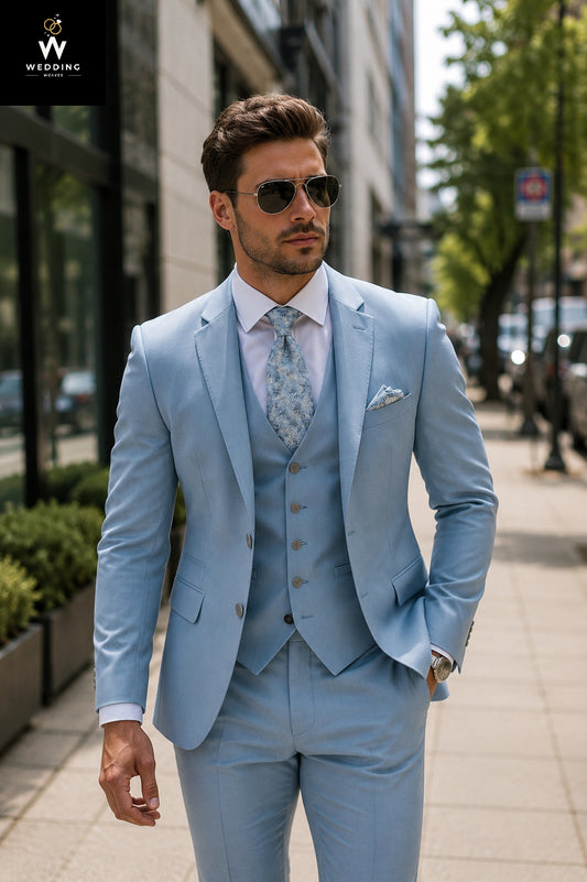 Light Blue Three Piece Suit For Men
