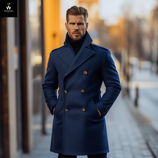 Elegant Handmade Men's Navy Blue Tweed Overcoat – Long Trench Coat, Winter Jacket, Customizable Outerwear