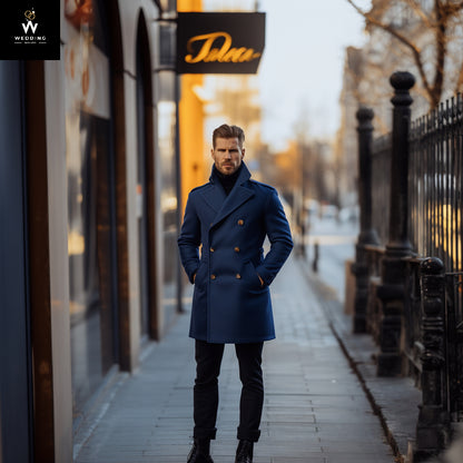 Elegant Handmade Men's Navy Blue Tweed Overcoat – Long Trench Coat, Winter Jacket, Customizable Outerwear
