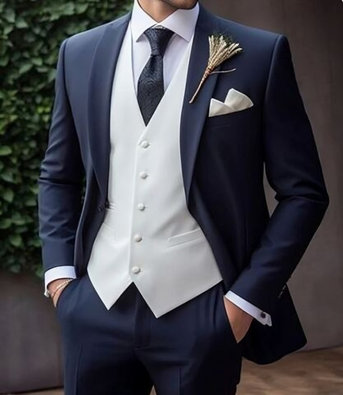 navy and white suit