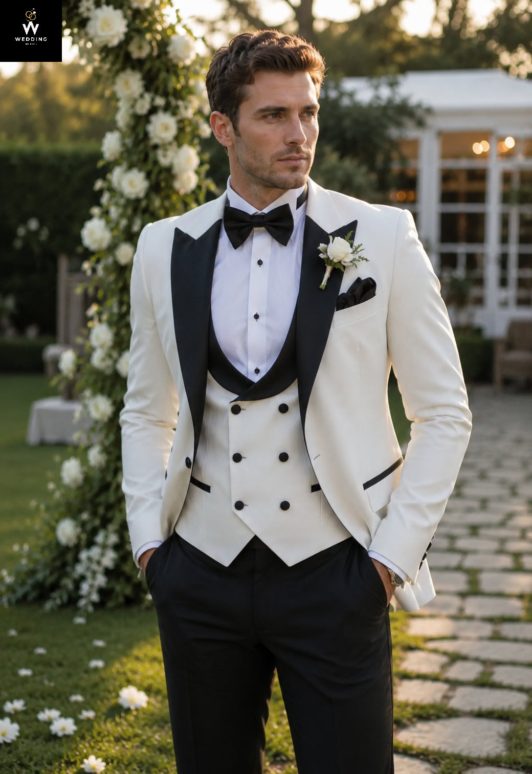 White Men's Three-Piece Tuxedo Set – Black Lapel Formal Wedding Suit