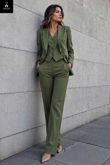 Olive Green Women's Three-Piece Suit with Peak Lapel Blazer