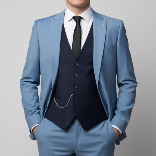 powder blue and navt blue suit