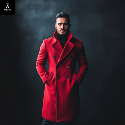 Elegant Men's Red Tweed Overcoat – Long Trench Coat, Winter Jacket, Customizable Christmas Gift