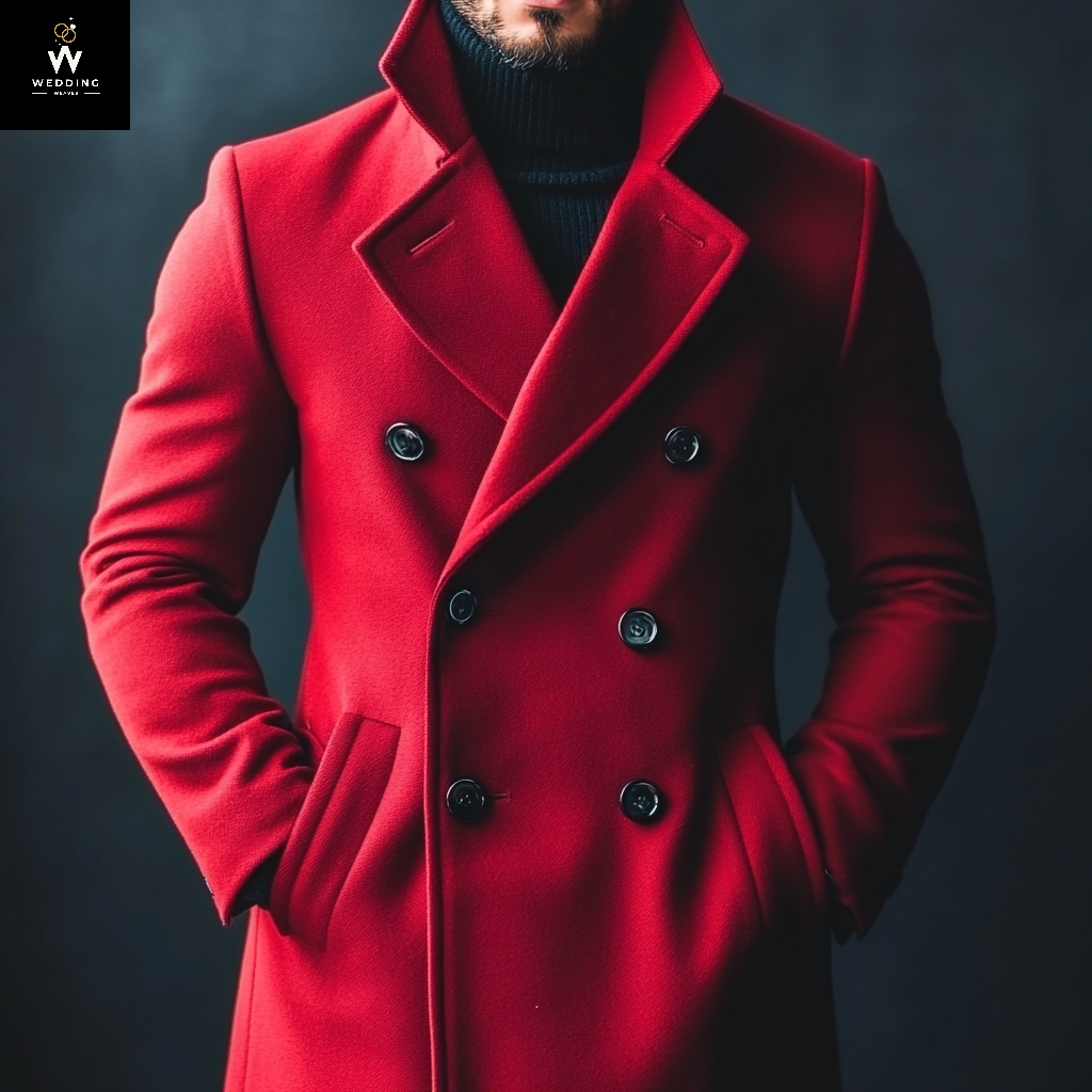Elegant Men's Red Tweed Overcoat – Long Trench Coat, Winter Jacket, Customizable Christmas Gift