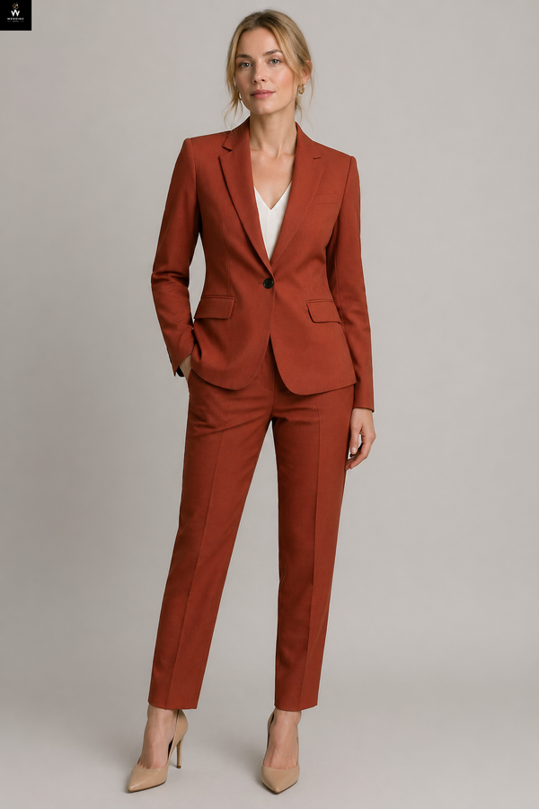 Rust Women’s Two-Piece Suit – Elegant Single Breasted Blazer & Pants Set