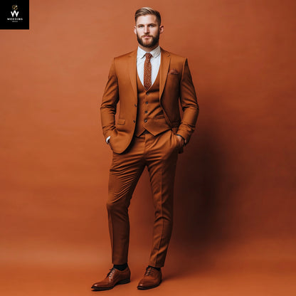 Terracotta Rust 3-Piece Suit with Notch Lapel – A Distinctive Choice for Modern Grooms