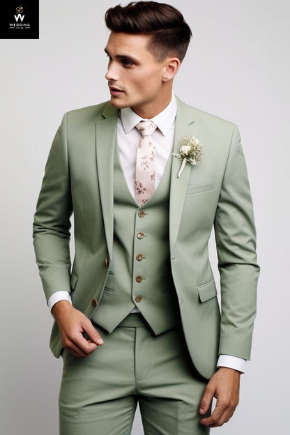 Sage Green Three Piece Suit For Men