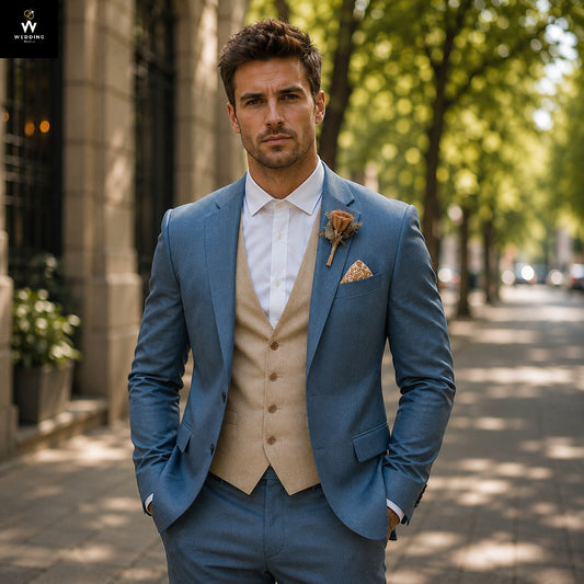 Blue Three-Piece Suit for Men –Beige Vest Wedding Suit for Groom
