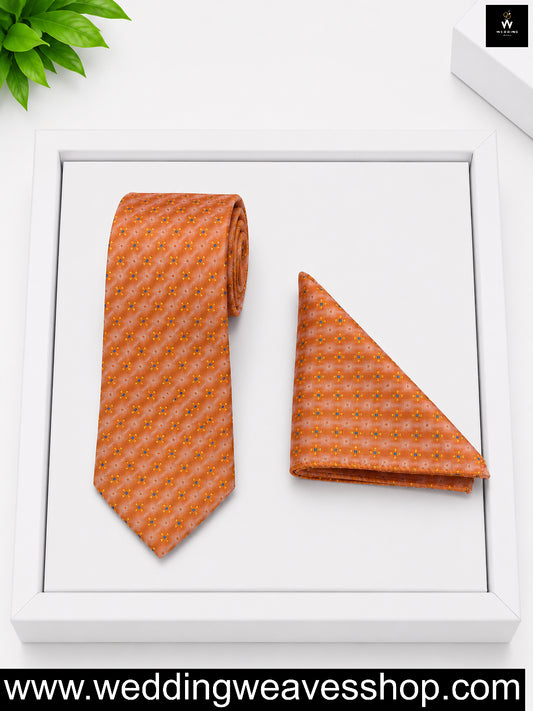 Men's Peach Orange Geometric Pattern Tie