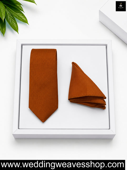 Rust Orange Textured Satin Tie & Pocket Square 