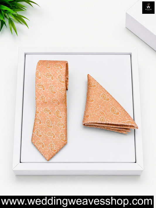 Peach Paisley Satin Tie & Pocket Square