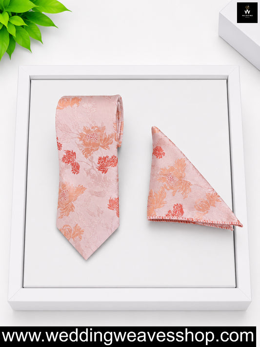 Blush Pink Floral Satin Tie & Pocket Square 