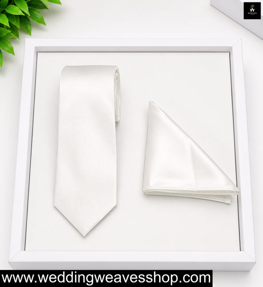 white satin tie with pocket square