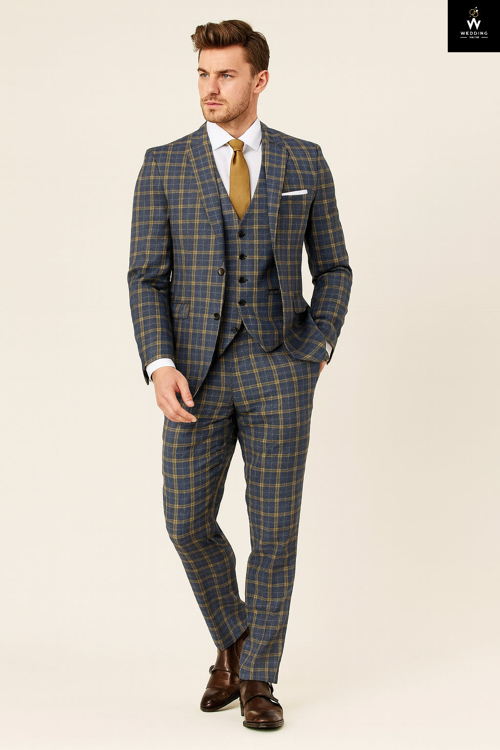Gro Suit Men’s Blue Check Wool Blend 3-Piece Suit – Custom Tailored Wedding Gro ...