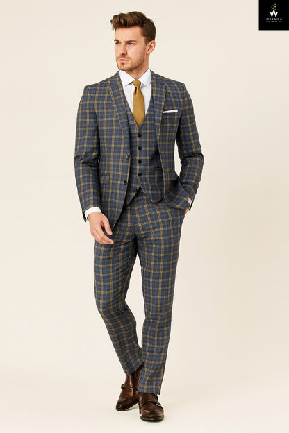 Men’s Blue Check Wool Blend 3-Piece Suit – Custom Tailored Wedding Groom Outfit