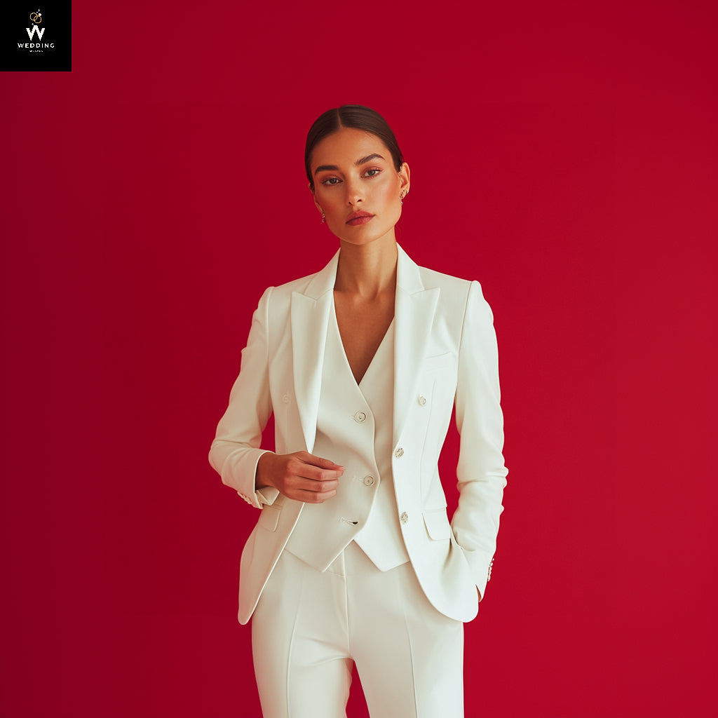 Elegant White Three-Piece Suit for Women – Wedding Pant Suit Set – Wedding Weaves┃Bespoke Suits for Men & Women