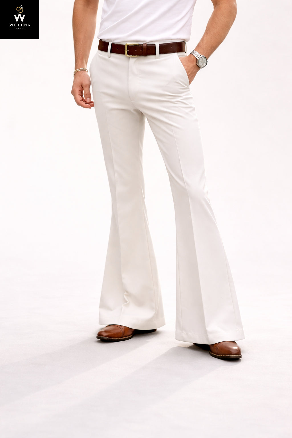 White Men’s Flared Trousers – 70s Wide Leg High Waist Pants | Retro Beach Outfit