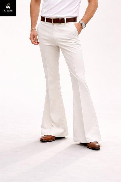White Men’s Flared Trousers – 70s Wide Leg High Waist Pants | Retro Beach Outfit