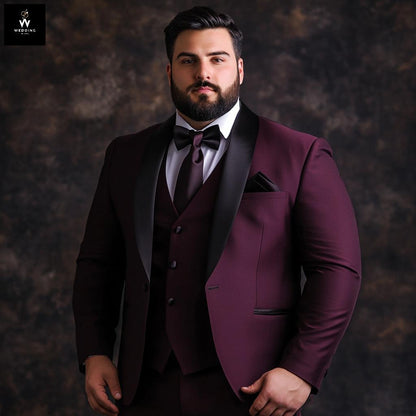 Custom Burgundy Tuxedo Three Piece Suit - Plus Size Wedding Suits