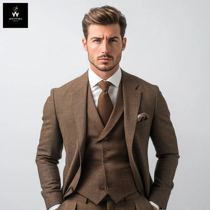 Men's 3-Piece Brown Wool Blazer Suit | Vintage Style Wedding & Winter Groom Suit