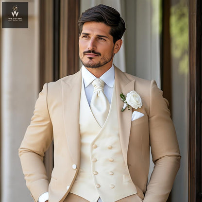 Men's Beige Three-Piece Suit – Bespoke Wedding Attire with White Double-Breasted Vest