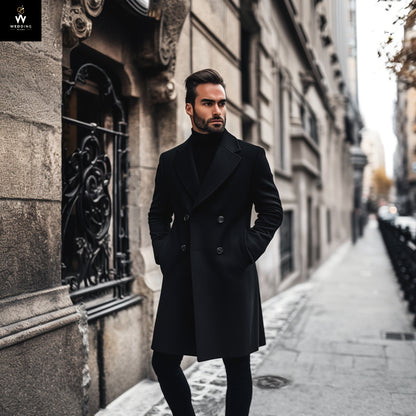 Men’s Black Wool Long Overcoat – Wide Notch Lapel & Ideal for Winters, Business, and Casual Wear