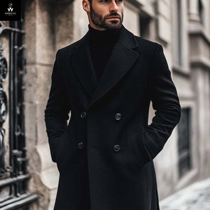 Men’s Black Wool Long Overcoat – Wide Notch Lapel & Ideal for Winters, Business, and Casual Wear
