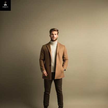 Men’s Tan Brown Wool Overcoat – Classic Warmth with Timeless Appeal