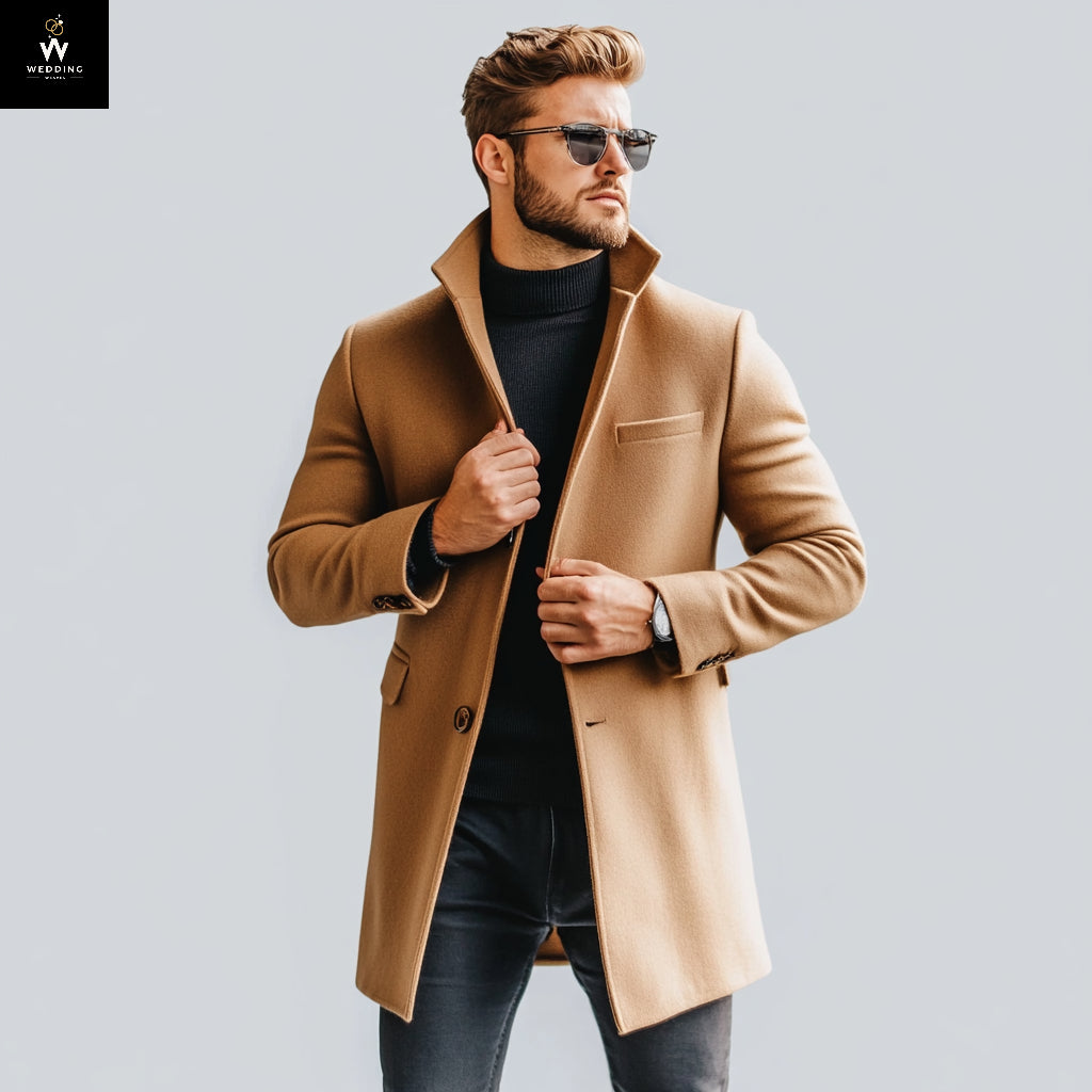 Men’s Beige Wool Over Trench Coat with Peak Lapel & Two-Button Closure 38