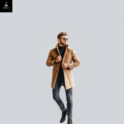 Men’s Beige Wool Over Trench Coat with Peak Lapel & Two-Button Closure