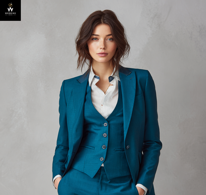 Woman wearing a teal suit with a white shirt against a gray background